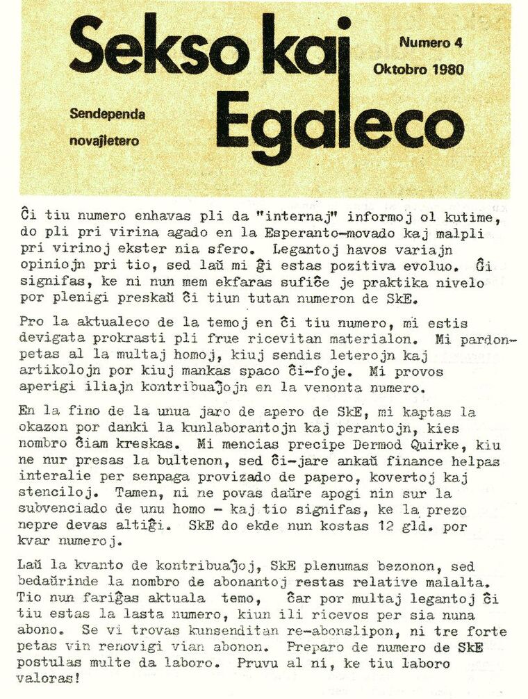 Coberta de Sekso kaj Egaleco núm. 4, octubre de 1980.