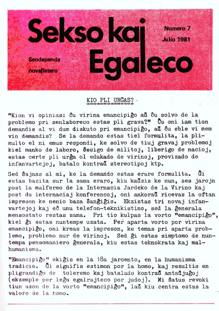 Coberta de Sekso kaj Egaleco núm. 7, juliol de 1981.