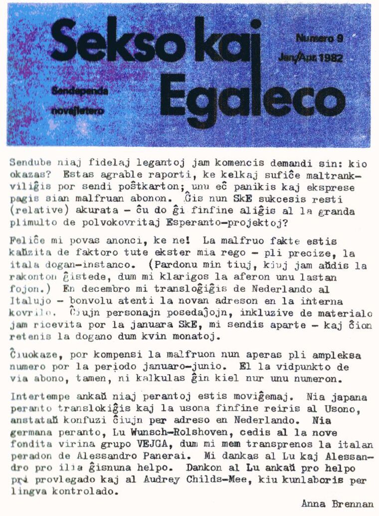 Coberta de Sekso kaj Egaleco núm. 9, gener de 1982.
