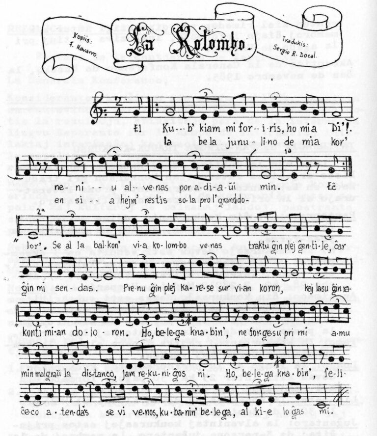 «La Kolombo» —La paloma, l'havanera d'Iradier— en la traducció de Sergio R. Docal, copiada per F. Navarro per al Valencia Luno núm. 16 (gener de 1986).