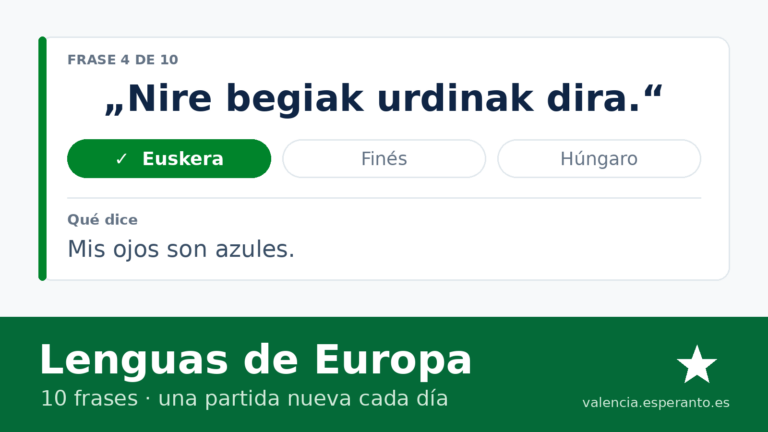 Una frase en euskera con tres respuestas, la buena marcada en verde, y debajo lo que dice: «Mis ojos son azules»