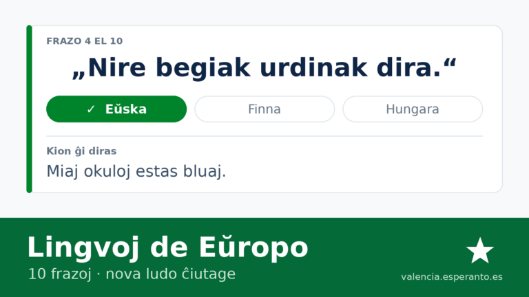 Frazo en la eŭska kun tri respondoj, la ĝusta markita verde, kaj sube kion ĝi diras: «Miaj okuloj estas bluaj»