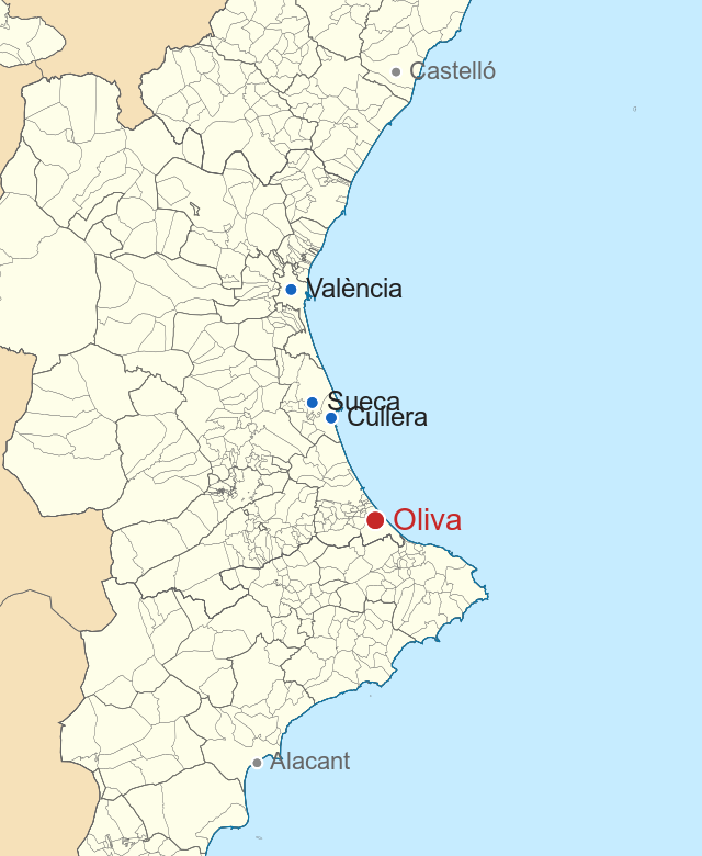 Mapa de la costa valenciana amb Castelló i Alacant en gris com a referència i, en color, València, Sueca, Cullera i —més al sud i marcada en roig— Oliva.