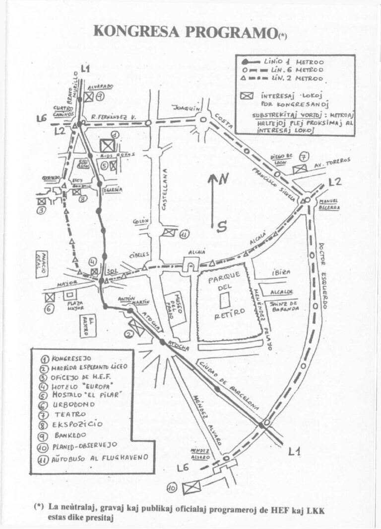 Mapa del centre de Madrid dibuixat a mà, amb les línies 1, 2 i 6 del metro i onze llocs numerats: el palau de congressos, el Liceu de Madrid, l'oficina de la Federació, els hotels, el teatre, l'exposició i el banquet.