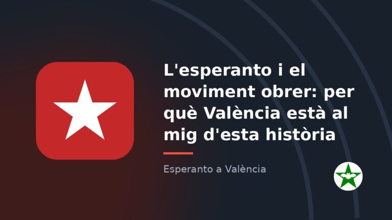 Targeta amb una estrela blanca sobre un quadre roig i el títol de l'entrada sobre l'esperanto i el moviment obrer