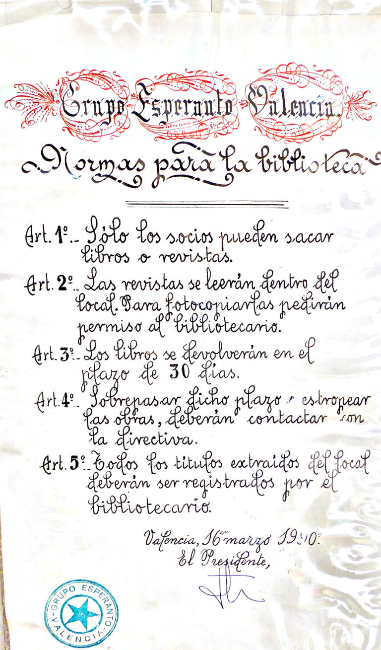Les normes de la biblioteca del Grup Esperanto València, cal·ligrafiades per don Félix el 16 de març de 1990.
