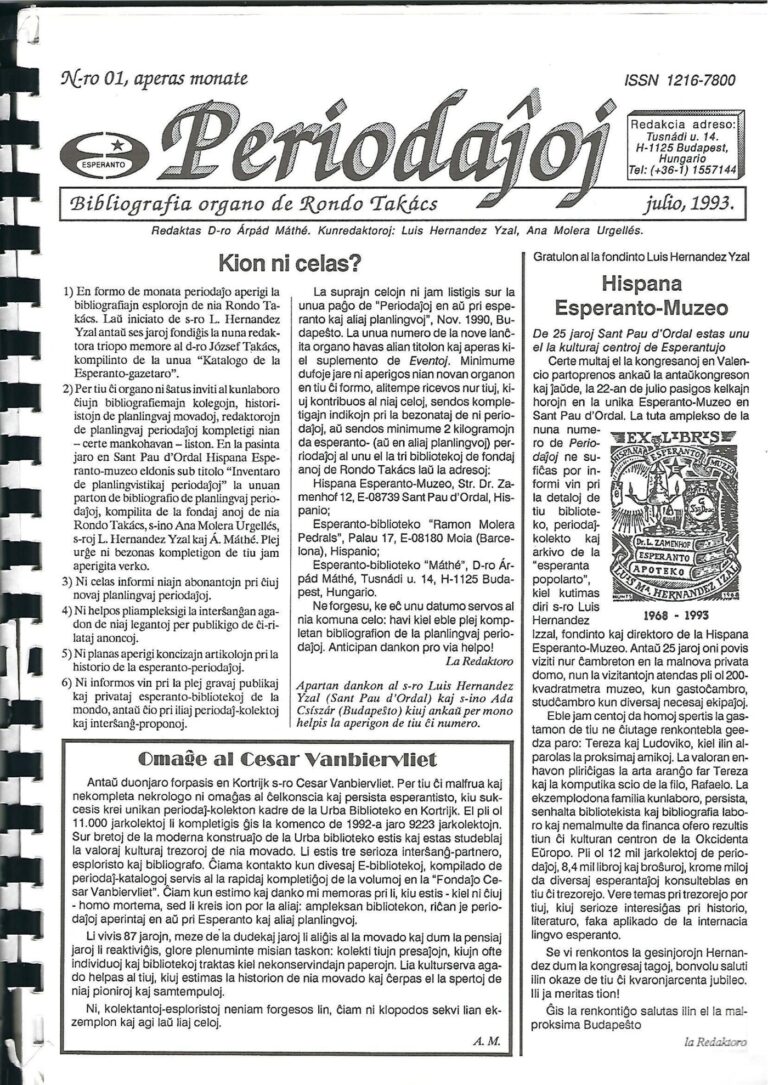 La portada del primer Periodaĵoj (juliol de 1993): els sis objectius, l'homenatge a César Vanbiervliet i els vint-i-cinc anys del Museu Espanyol d'Esperanto.