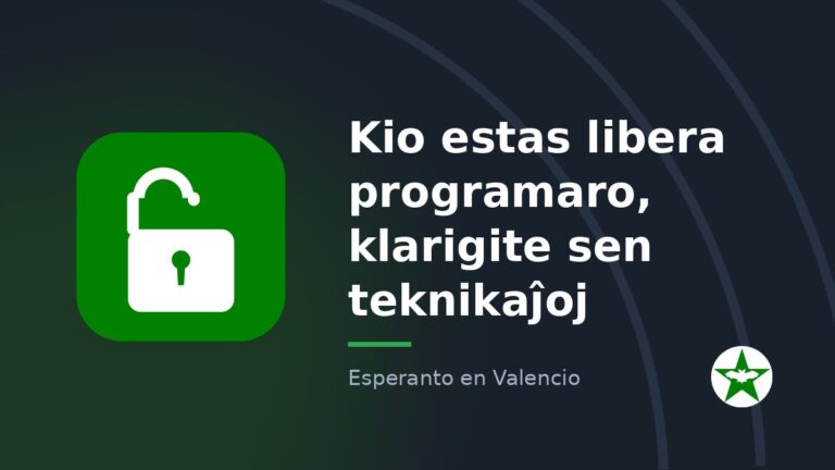 Karto de la afiŝo: malfermita pendseruro kaj la titolo «Kio estas libera programaro, klarigite sen teknikaĵoj»