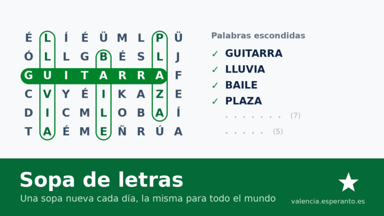 Una sopa de letras con la palabra GUITARRA marcada en verde y la lista de palabras escondidas.