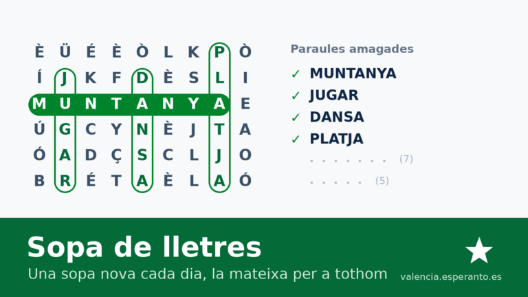 Una sopa de lletres amb la paraula MUNTANYA marcada en verd i la llista de paraules amagades.