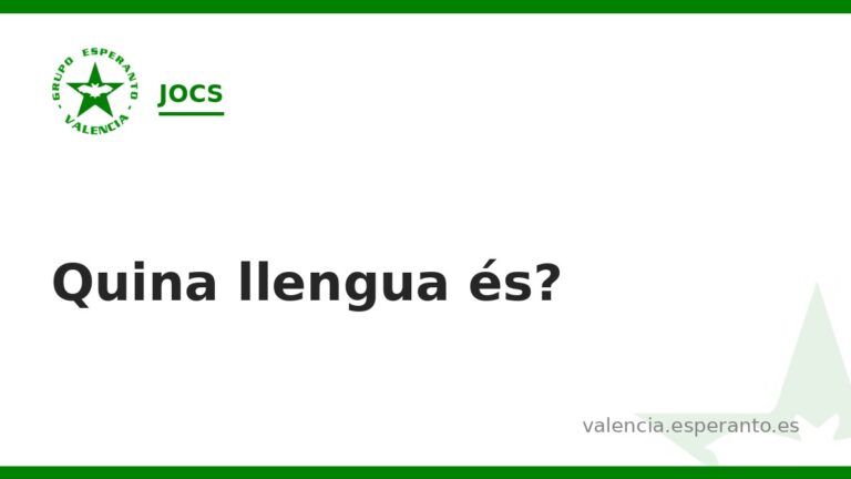 Targeta blanca amb el logotip del Grup d’Esperanto de València i el títol «Quina llengua és?» en lletres grosses