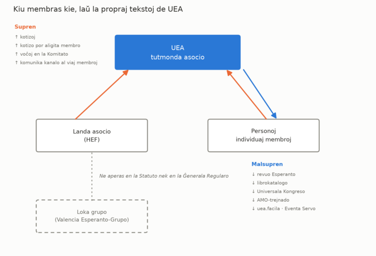 Diagramo de la asocia arkitekturo: UEA en la centro, kun sagoj de kotizoj kaj voĉdonoj supreniraj de la landaj asocioj kaj la individuaj membroj, kaj sagoj de revuo, katalogo, kongreso kaj trejnado malsupreniraj al la individuaj membroj. La loka grupo restas ekster la strukturo, ligita per punktolinio.