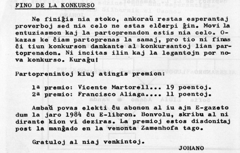 El final del «Proverba Esperanto-Konkurso» a Valencia Luno núm. 8, de desembre de 1983. A la ronda anterior només un lector havia enviat solucions correctes, i el palmarés final té dos noms.
