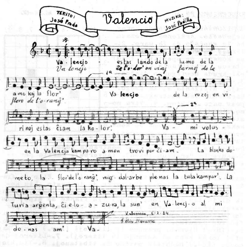 Partitura manuscrita de «Valencio», amb text de José Prada i música de José Padilla, i la lletra en esperanto escrita davall de les notes.