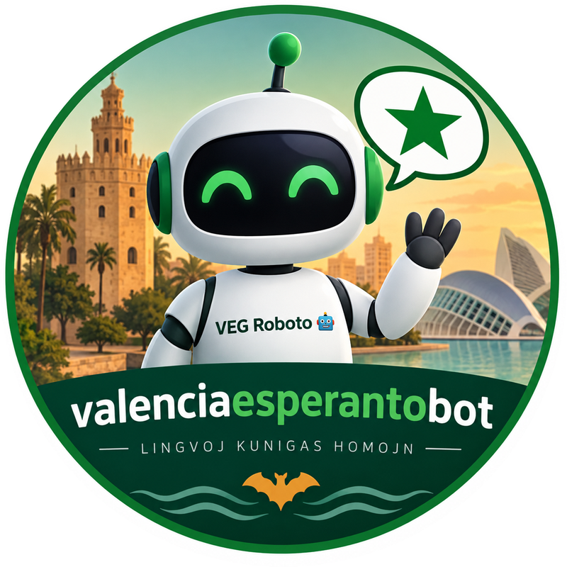 VEG Roboto: un robot blanco con ojos verdes que saluda delante del Miguelete y la Ciudad de las Artes y las Ciencias