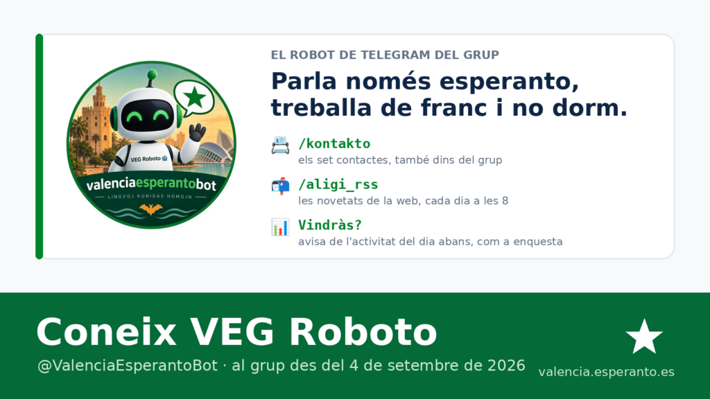 VEG Roboto, el robot de Telegram del grup, amb les ordres /kontakto i /aligi_rss