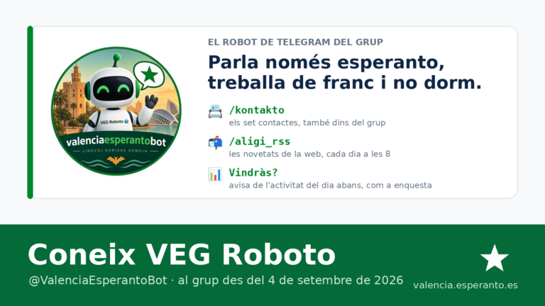 VEG Roboto, el robot de Telegram del grup, amb les ordres /kontakto i /aligi_rss