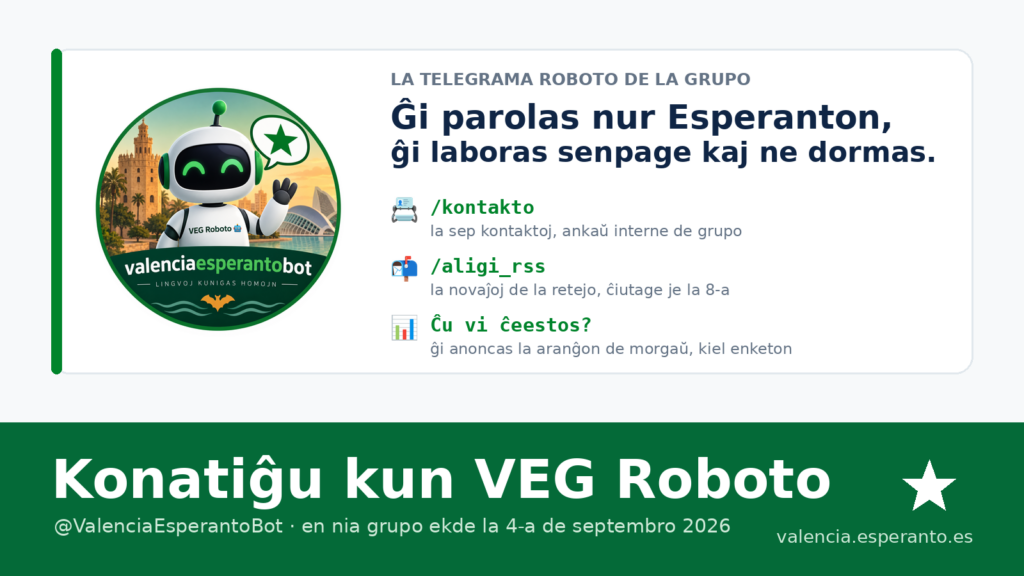 VEG Roboto, la telegrama roboto de la grupo, kun la ordonoj /kontakto kaj /aligi_rss