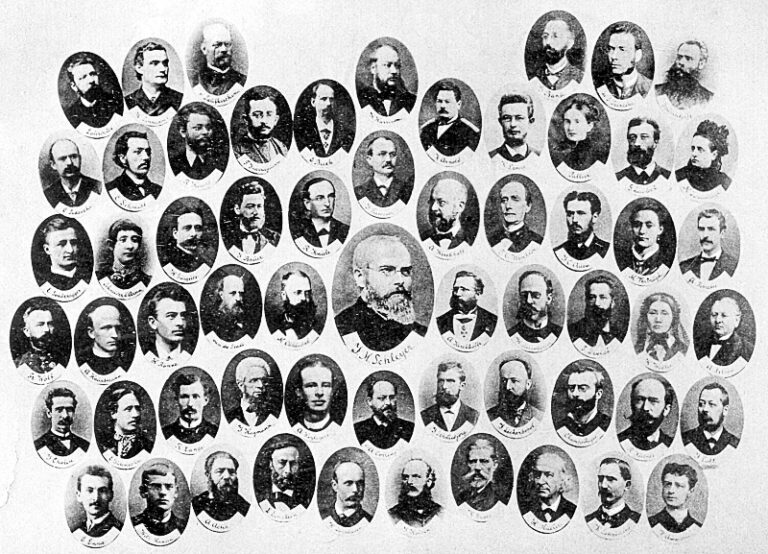 Els membres de l'Acadèmia Internacional del Volapük cap a 1887, amb Johann Martin Schleyer al centre. Fotocollage conservat al Bildarchiv Austria.