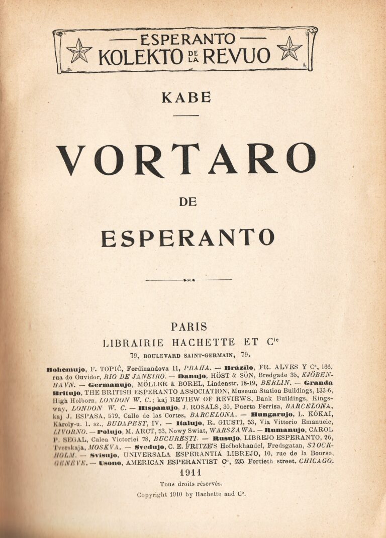 Portada del Vortaro de Esperanto de Kabe (Hachette, 1911), el primer diccionari que definix l'esperanto en esperanto: allí va escriure les paraules com ell defensava que havien de ser.