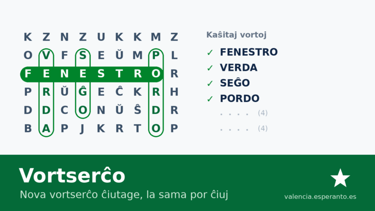 Litera kradon kun la vorto FENESTRO verde markita kaj la listo de kasxitaj vortoj.