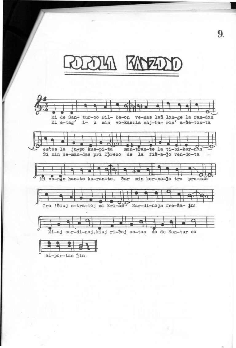 La cançó de la sardinera de Santurce, traduïda a l'esperanto i amb la partitura copiada a mà.