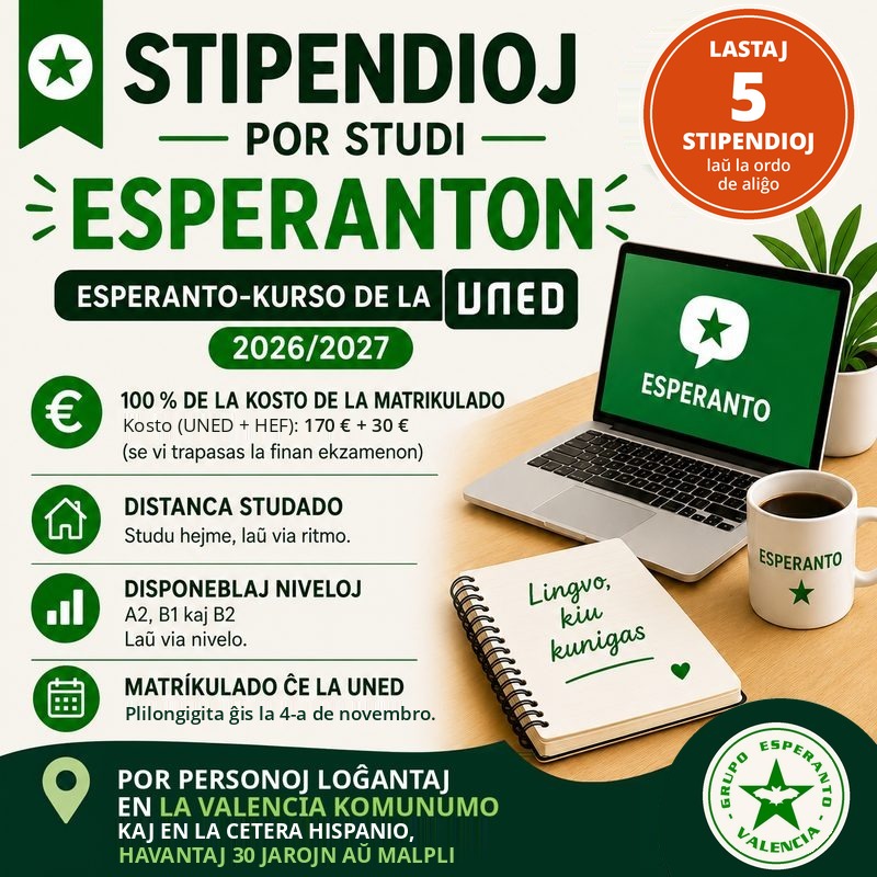 Stipendioj por studi Esperanton ĉe UNED dum la akademia jaro 2026/2027