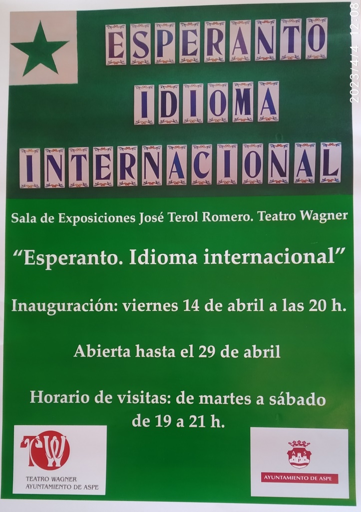 El cartell de l'exposició «Esperanto. Idioma internacional», amb el logotip del teatre Wagner i de l'Ajuntament d'Aspe. Publicat per la Federació Espanyola d'Esperanto.