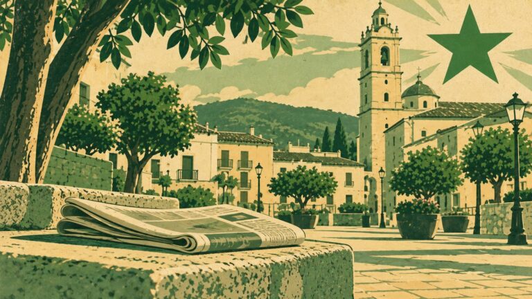 Il·lustració amb estil de cartell antic d'esperanto: un periòdic plegat sobre un banc de pedra a la plaça d’un poble valencià d’interior, amb el campanar de l’església al fons.