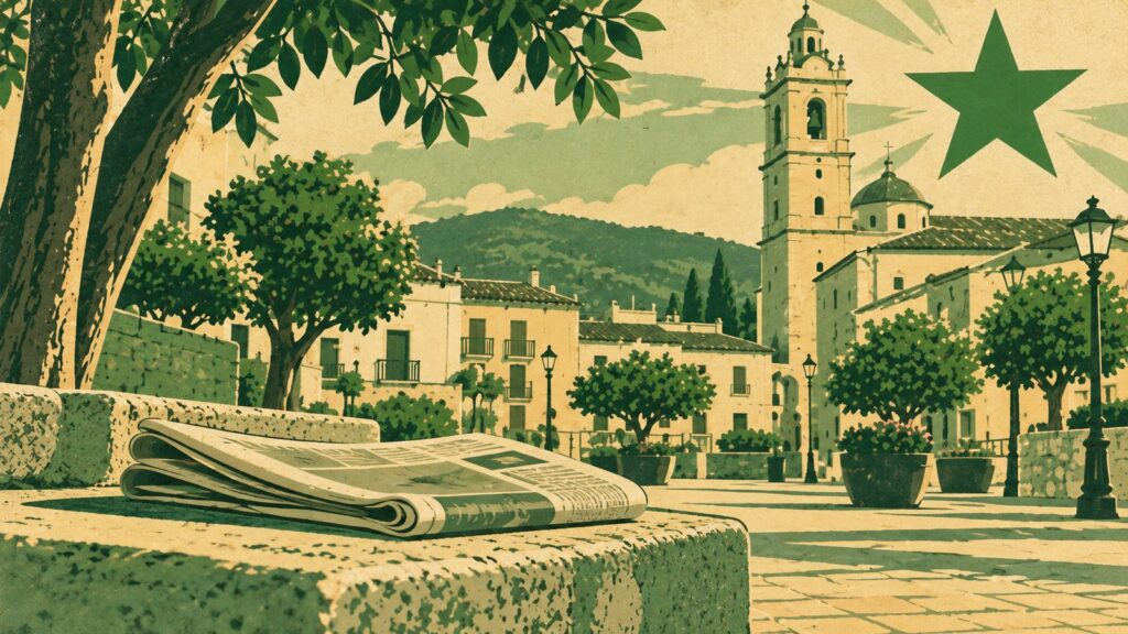 Ilustraĵo laŭ la stilo de malnova esperanta afiŝo: faldita gazeto sur ŝtona benko en la placo de enlanda valencia vilaĝo, kun la preĝeja sonorilturo en la fono.