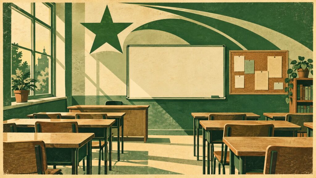 Ilustraĵo laŭ la stilo de malnova esperanta afiŝo: malgranda klasĉambro de kvartala akademio, kun malplenaj lernobenkoj, pura blanka tabulo kaj korka afiŝtabulo kun alpinglitaj paperoj.