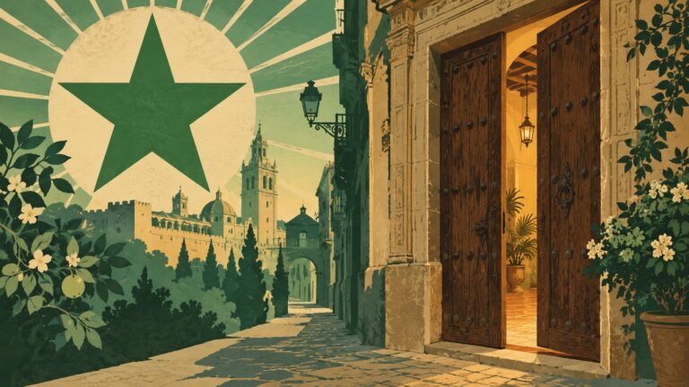 Ilustración con estilo de cartel antiguo de esperanto: la puerta de madera antigua de un local en una calle estrecha del casco histórico de Valencia, entreabierta, con luz cálida dentro.