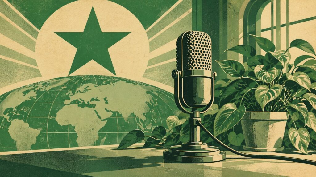 Ilustraĵo laŭ la stilo de malnova esperanta afiŝo: radia mikrofono en studio, apud florpoto kun densfoliaj verdaj plantoj.