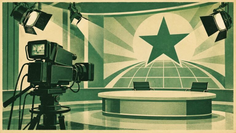 Il·lustració amb estil de cartell antic d'esperanto: una càmera de televisió d’estudi dels anys 2000 amb els seus focus, apuntant a una taula de plató buida.