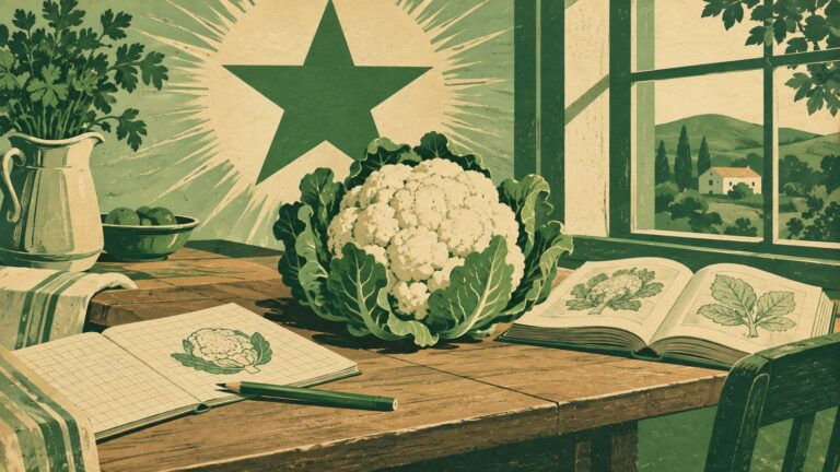 Il·lustració amb estil de cartell antic d'esperanto: una coliflor sobre la taula d’una cuina, al costat d’un llibre obert i un quadern escolar infantil.