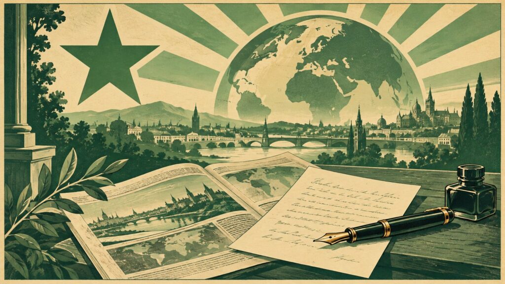 Ilustración con estilo de cartel antiguo de esperanto: una carta escrita a mano apoyada sobre un periódico abierto, con una pluma estilográfica al lado.