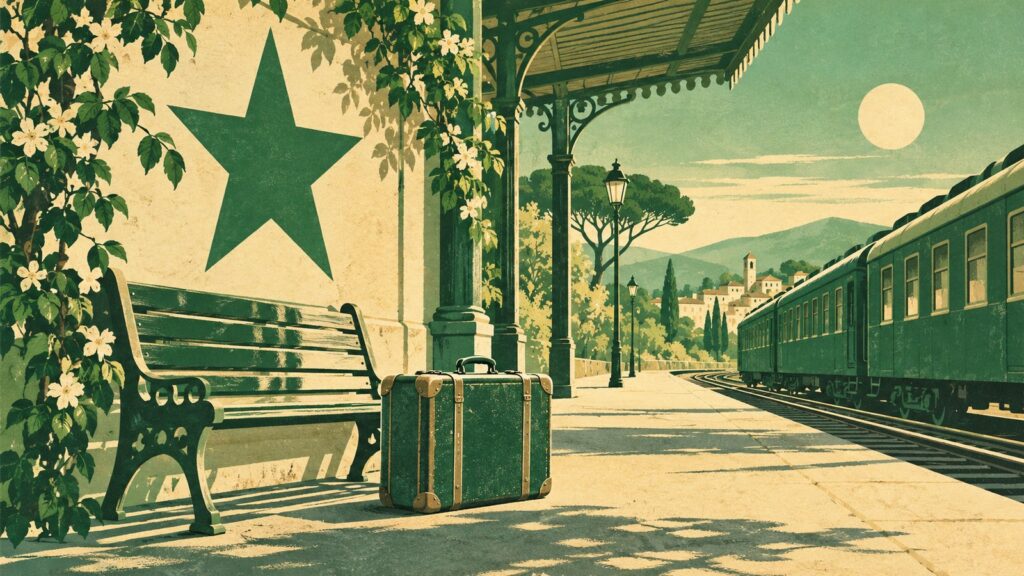 Ilustración con estilo de cartel antiguo de esperanto: una maleta de viaje junto a un banco en el andén de una estación de tren, con la luz del sur de primavera.