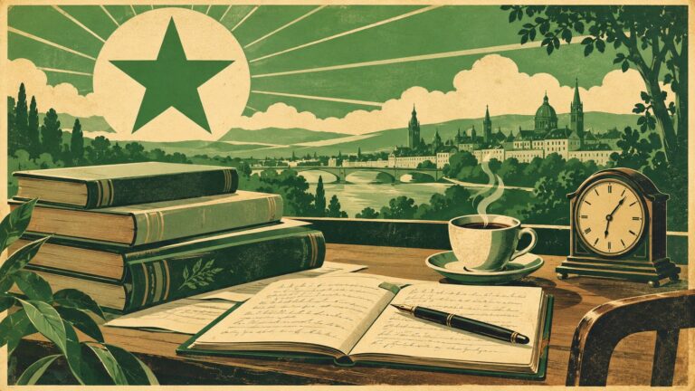 Il·lustració amb estil de cartell antic d'esperanto: una taula amb llibres de text apilats, un quadern ple d’apunts, una tassa de café i un rellotge de taula.