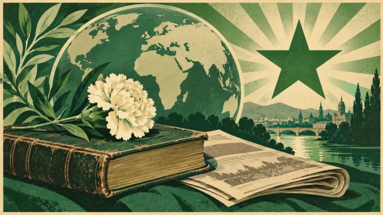 Ilustración con estilo de cartel antiguo de esperanto: un periódico doblado junto a un libro antiguo de tapas gastadas y un clavel blanco.