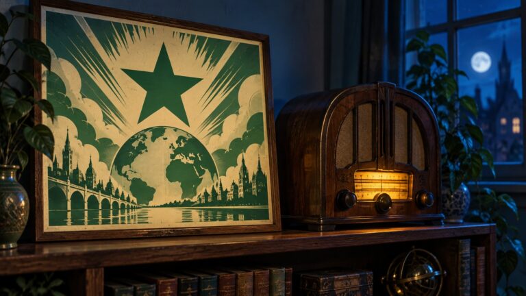 Il·lustració amb estil de cartell antic d'esperanto: una ràdio antiga de fusta encesa sobre una prestatgeria, de nit, amb una llum blavosa.