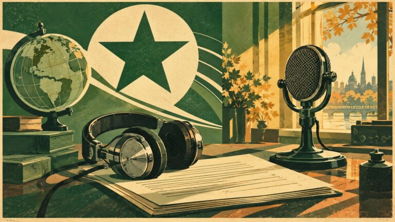 Ilustraĵo laŭ la stilo de malnova esperanta afiŝo: radiaj aŭdiloj kuŝantaj sur presita skripto, apud mikrofono, kun aŭtuna lumo tra la fenestro.