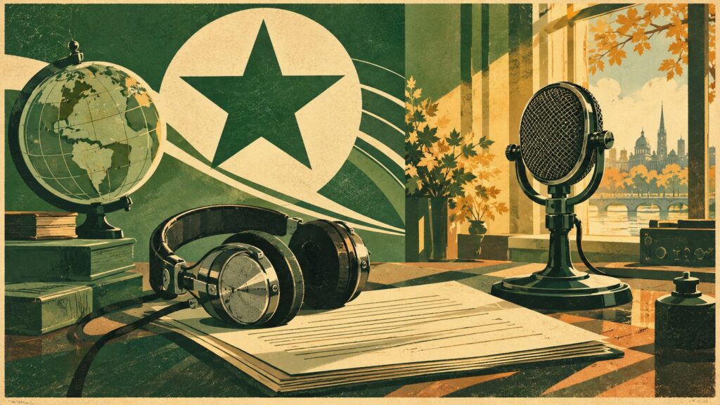 Ilustración con estilo de cartel antiguo de esperanto: unos auriculares de radio apoyados sobre un guion impreso, junto a un micrófono, con luz de otoño por la ventana.