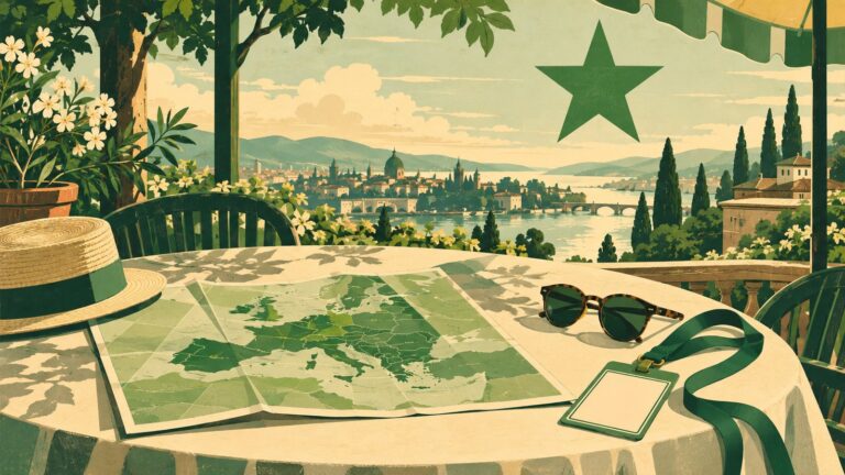Ilustraĵo laŭ la stilo de malnova esperanta afiŝo: tablo sur somera teraso kun malfaldita mapo de Eŭropo, sunokulvitroj kaj akreditilo kun verda rubando.