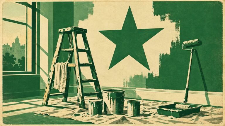 Il·lustració amb estil de cartell antic d'esperanto: un local en obres: una escala de pintor, pots de pintura, corrons i una paret a mig pintar.