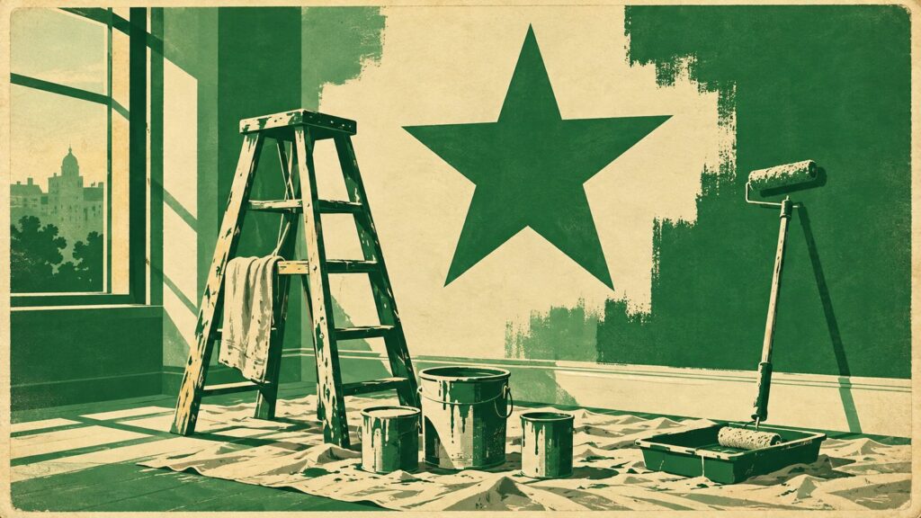 Ilustración con estilo de cartel antiguo de esperanto: un local en obras: una escalera de pintor, cubos de pintura, rodillos y una pared a medio pintar.