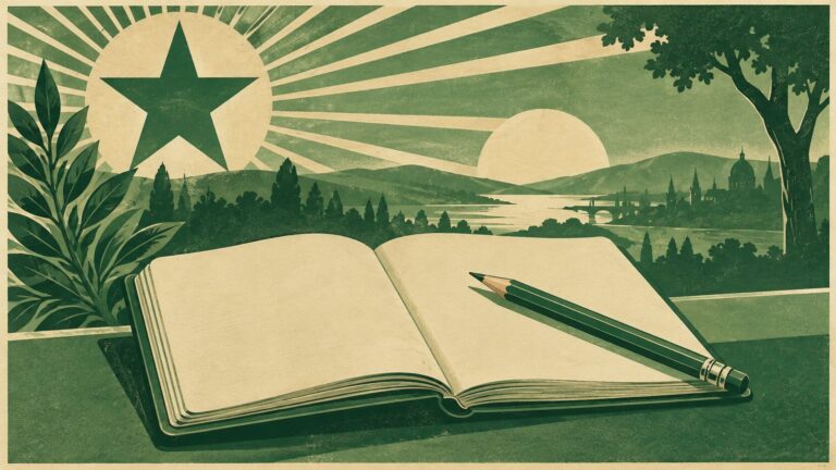 Ilustraĵo laŭ la stilo de malnova esperanta afiŝo: nova kajero malfermita ĉe la unua, malplena paĝo, kun ankoraŭ neuzita krajono sur ĝi.