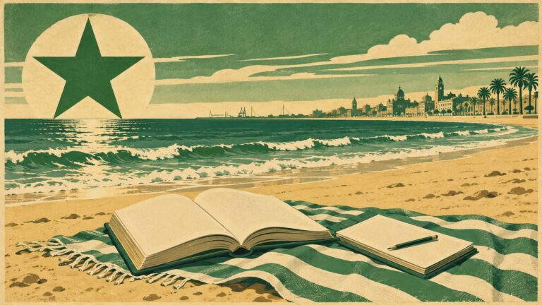 Ilustraĵo laŭ la stilo de malnova esperanta afiŝo: malfermita libro kaj kajero sur bantuko en la sablo de la strando Malvarrosa, kun la maro en la fono.