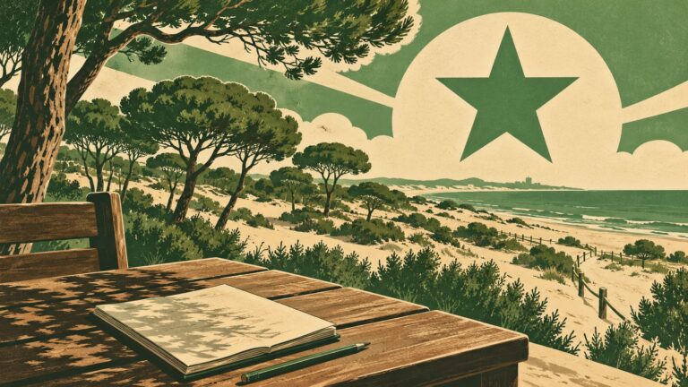 Il·lustració amb estil de cartell antic d'esperanto: les dunes amb pins de Guardamar del Segura, amb una taula de fusta i una llibreta en primer pla.