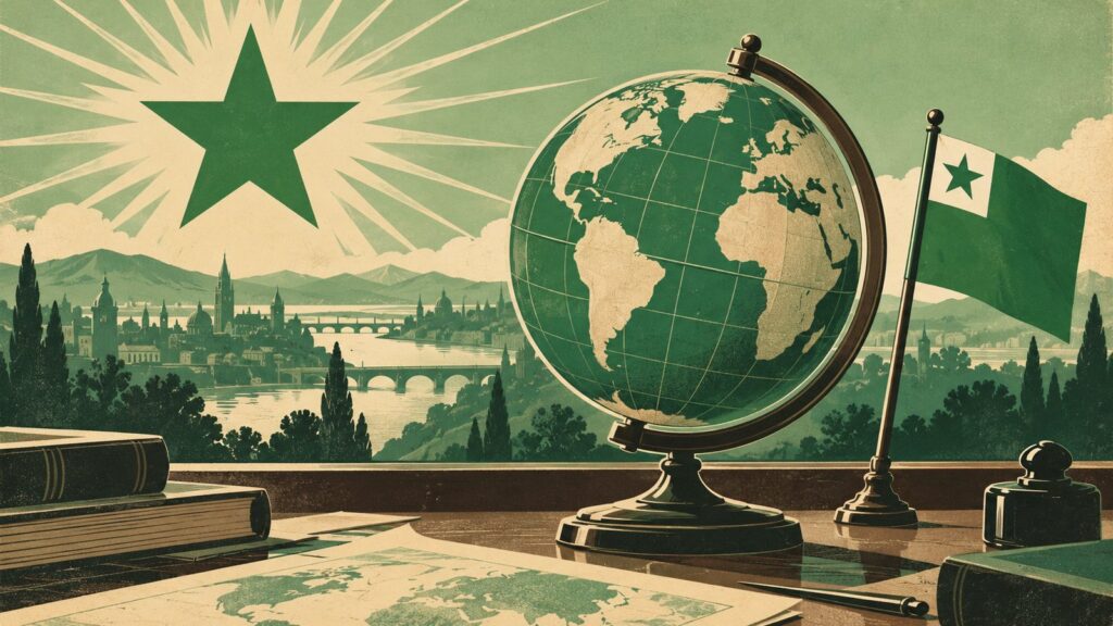 Ilustración con estilo de cartel antiguo de esperanto: un globo terráqueo sobre un escritorio, con una banderita verde con un cuadrado blanco en la esquina y una estrella verde de cinco puntas dentro clavada a su lado.