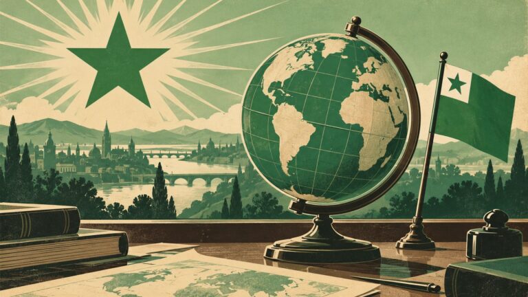 Ilustración con estilo de cartel antiguo de esperanto: un globo terráqueo sobre un escritorio, con una banderita verde con un cuadrado blanco en la esquina y una estrella verde de cinco puntas dentro clavada a su lado.